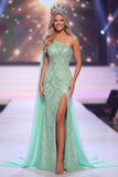 Green One Shoulder Mermaid Beaded 3D Flower Sequin Prom Dress with Drape