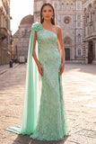 Green One Shoulder Mermaid Beaded 3D Flower Sequin Prom Dress with Drape