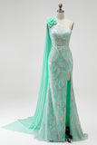 Green One Shoulder Mermaid Beaded 3D Flower Sequin Prom Dress with Drape
