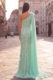 Green One Shoulder Mermaid Beaded 3D Flower Sequin Prom Dress with Drape