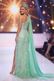 Green One Shoulder Mermaid Beaded 3D Flower Sequin Prom Dress with Drape