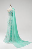 Green One Shoulder Mermaid Beaded 3D Flower Sequin Prom Dress with Drape