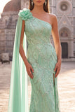Green One Shoulder Mermaid Beaded 3D Flower Sequin Prom Dress with Drape