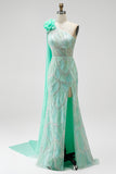 Green One Shoulder Mermaid Beaded 3D Flower Sequin Prom Dress with Drape