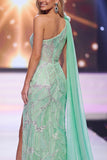 Green One Shoulder Mermaid Beaded 3D Flower Sequin Prom Dress with Drape