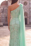 Green One Shoulder Mermaid Beaded 3D Flower Sequin Prom Dress with Drape