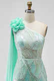 Green One Shoulder Mermaid Beaded 3D Flower Sequin Prom Dress with Drape