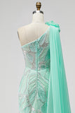 Green One Shoulder Mermaid Beaded 3D Flower Sequin Prom Dress with Drape