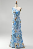 One Shoulder Beaded Sequin Mermaid Blue Prom Dress