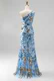 One Shoulder Beaded Sequin Mermaid Blue Prom Dress