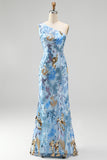 One Shoulder Beaded Sequin Mermaid Blue Prom Dress