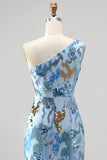 One Shoulder Beaded Sequin Mermaid Blue Prom Dress