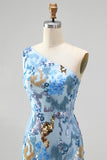 One Shoulder Beaded Sequin Mermaid Blue Prom Dress