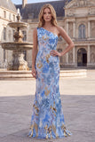 One Shoulder Beaded Sequin Mermaid Blue Prom Dress