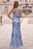 One Shoulder Beaded Sequin Mermaid Blue Prom Dress