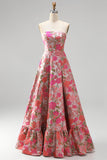 Floral Red Strapless A Line Jacquard Prom Dress with Slit