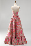 Floral Red Strapless A Line Jacquard Prom Dress with Slit
