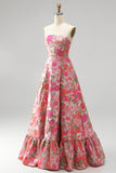 Floral Red Strapless A Line Jacquard Prom Dress with Slit