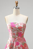 Floral Red Strapless A Line Jacquard Prom Dress with Slit