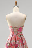 Floral Red Strapless A Line Jacquard Prom Dress with Slit