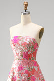 Floral Red Strapless A Line Jacquard Prom Dress with Slit