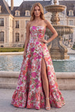 Floral Red Strapless A Line Jacquard Prom Dress with Slit