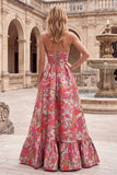 Floral Red Strapless A Line Jacquard Prom Dress with Slit