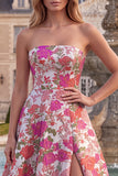 Floral Red Strapless A Line Jacquard Prom Dress with Slit
