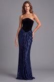 Sequin Black and Navy Ruched Mermaid Strapless Formal Dress
