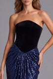 Sequin Black and Navy Ruched Mermaid Strapless Formal Dress