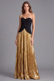 Metallic Black and Gold Strapless Pleated A Line Formal Dress with Belt