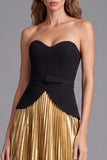 Metallic Black and Gold Strapless Pleated A Line Formal Dress with Belt