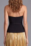 Metallic Black and Gold Strapless Pleated A Line Formal Dress with Belt