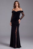 Off the Shoulder Velvet Mermaid Lace Black Formal Dress with Slit
