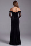 Off the Shoulder Velvet Mermaid Lace Black Formal Dress with Slit
