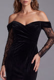 Off the Shoulder Velvet Mermaid Lace Black Formal Dress with Slit
