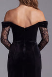 Off the Shoulder Velvet Mermaid Lace Black Formal Dress with Slit