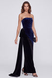 Navy and Black Sheath Strapless Velvet Formal Dress with Drape