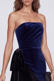 Navy and Black Sheath Strapless Velvet Formal Dress with Drape