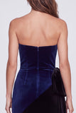 Navy and Black Sheath Strapless Velvet Formal Dress with Drape