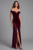 Off the Shoulder Velvet Sequin Burgundy Formal Dress with Slit