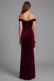 Off the Shoulder Velvet Sequin Burgundy Formal Dress with Slit