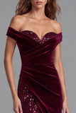 Off the Shoulder Velvet Sequin Burgundy Formal Dress with Slit
