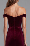 Off the Shoulder Velvet Sequin Burgundy Formal Dress with Slit