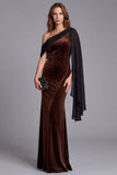 One Shoulder Brown Mermaid Velvet Formal Dress with Drape