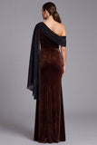 One Shoulder Brown Mermaid Velvet Formal Dress with Drape