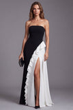Black and White Color Block Ruffled Strapless Formal Dress with Slit