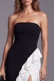Black and White Color Block Ruffled Strapless Formal Dress with Slit