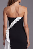 Black and White Color Block Ruffled Strapless Formal Dress with Slit