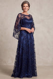 Navy A Line Sequin Mother of the Bride Dress with Cape Sleeves